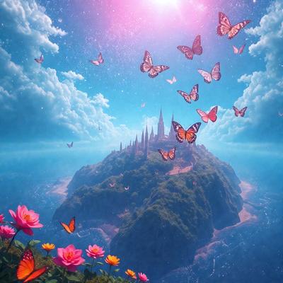 Primary subject: Butterflies flying around a castle.

Setting/background: A beautiful blue sky with clouds, and a castle in the background.

Visual style: Digital art.

Colors and mood: The image is colorful and has a whimsical, dreamy atmosphere.